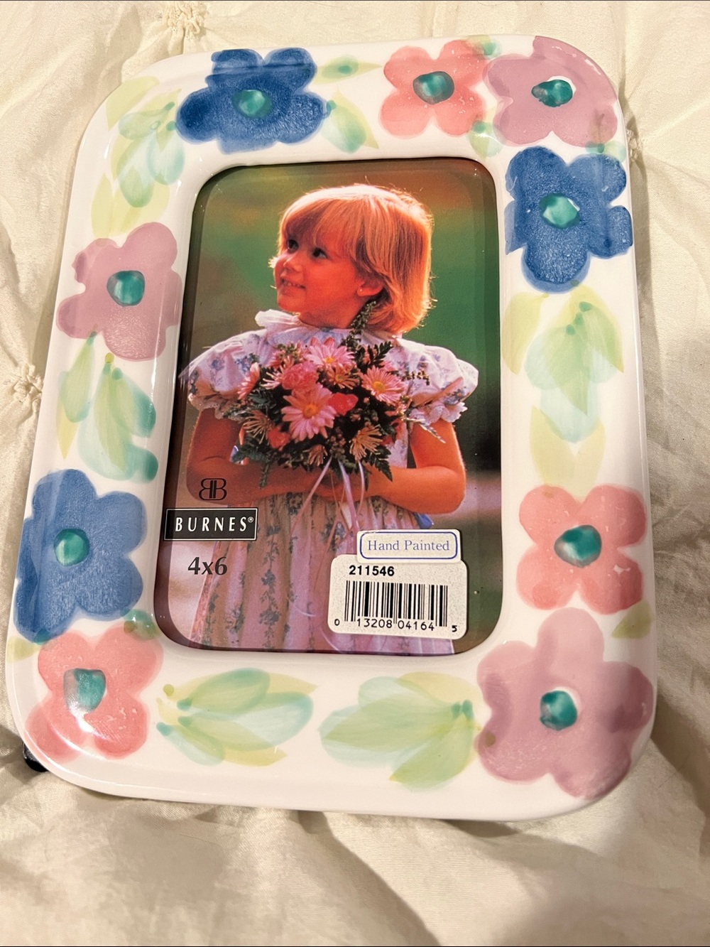 Vintage Burnes Hand-Painted Floral 4x6 Picture Frame - Pastel Pink & Blue